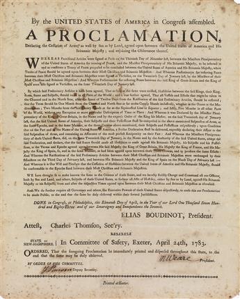 (AMERICAN REVOLUTION--1783.) New Hampshire broadside proclamation on the cessation of hostilities.